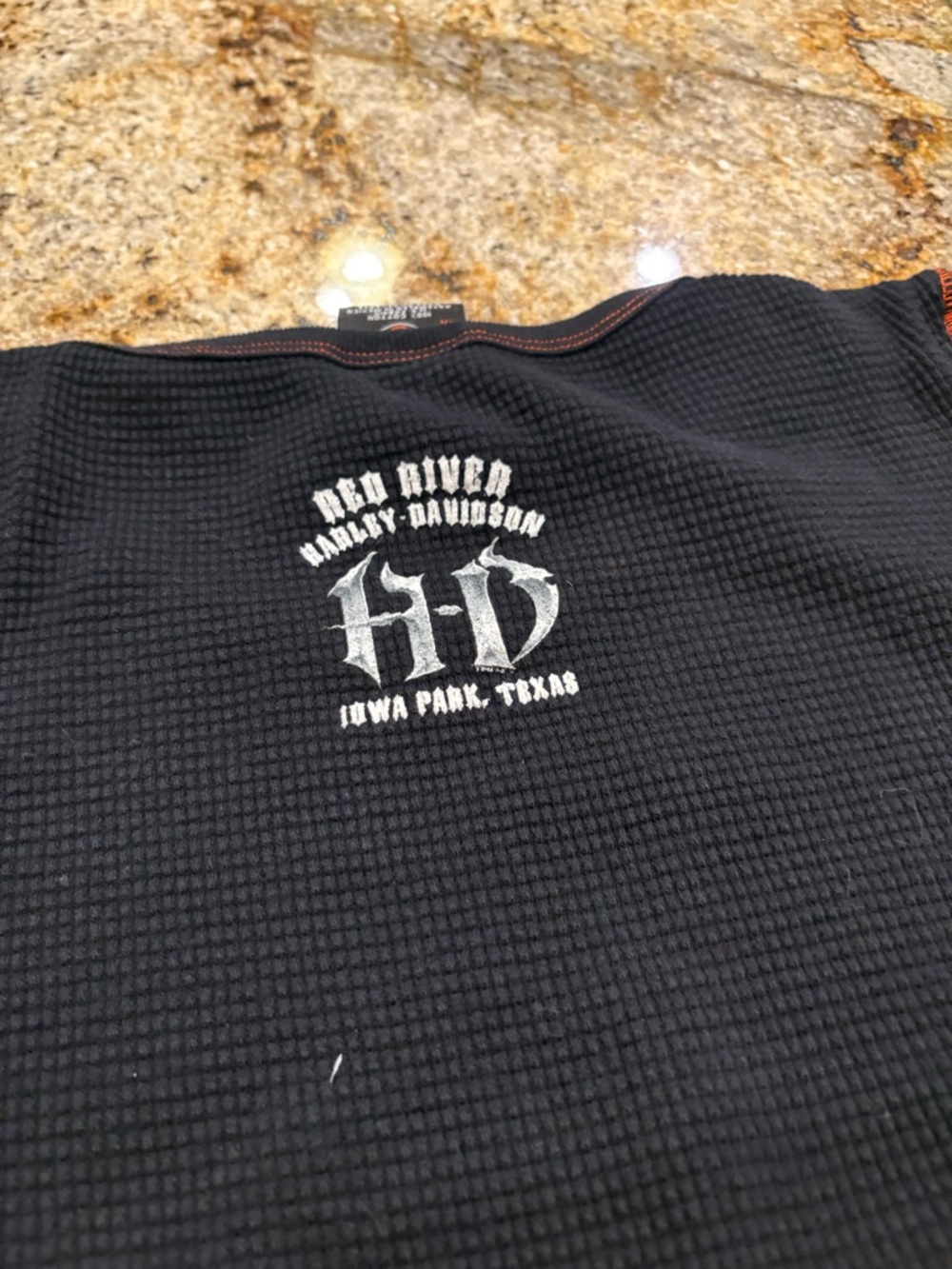 Harley-Davidson Black Waffle Knit Shirt with Orange Trim